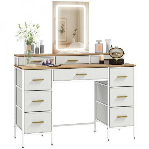 Tocador de Maquillaje con Luces LED de 3 Colores Espejo Tocador con 10 Cajones de Tela Patas de Acero Natural [10]