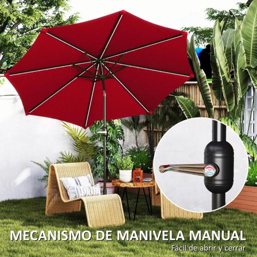 Sombrilla de Jardín Ø292x252 cm con Luces LED Solares Inclinación Ajustable y Manivela para Patio Terraza Burdeos [5]