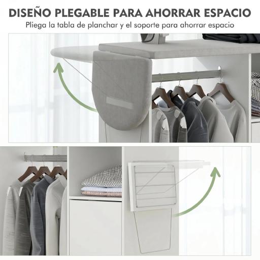 Mueble de Planchar con Ruedas Barra para Colgar Ropa Estante Abierto y Tablero Plegable 127x42,5x99 cm Blanco [3]