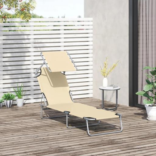 Tumbona de jardín Plegable con Toldo y Respaldo Reclinable para Jardín Terraza Acampada 187x58x36cm Beige