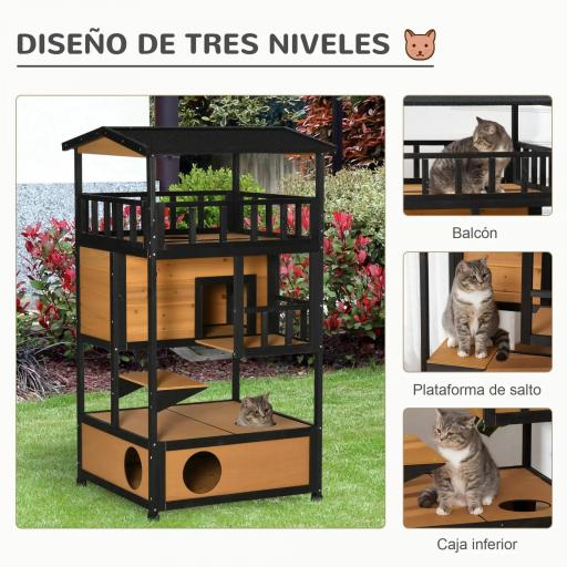 Caseta para Gatos de Madera 75,5x75x137 cm con Techo Asfáltico Plataformas para Interior y Exterior Natural [1]