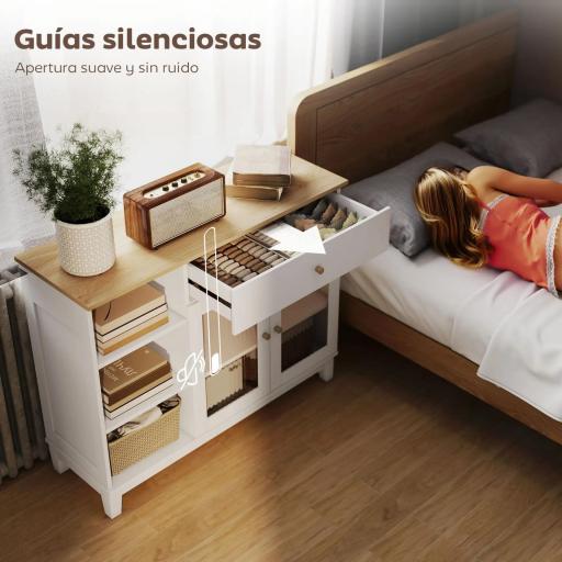 Aparador para Salón con 2 Puertas de Vidrio Cajón Compartimentos Abiertos y Estantes Ajustables 100x35x80,3 cm Blanco [7]
