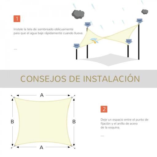 Toldo Vela Rectangular 4x3 m Vela de Sombra para Jardín Patio Terraza HDPE Anti UV y Transpirable Color Crema [5]