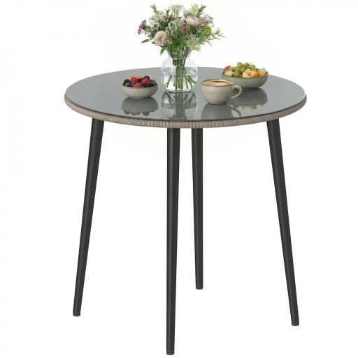 Mesa de Comedor de Jardín con Tablero de Vidrio Templado con Borde de Ratán Estructura de Acero 80x80x74 cm Gris [9]