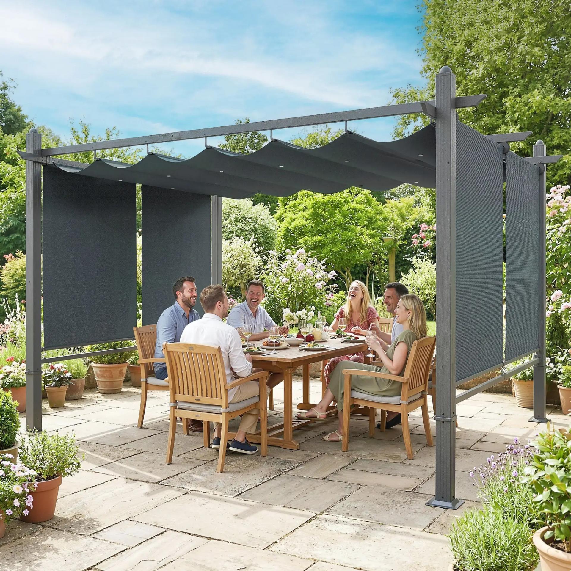 Pérgola de Jardín 4x3 m con Cortinas Enrollables Automáticas y Techo Retráctil Cenador de Jardín con UPF50+ Gris Oscuro