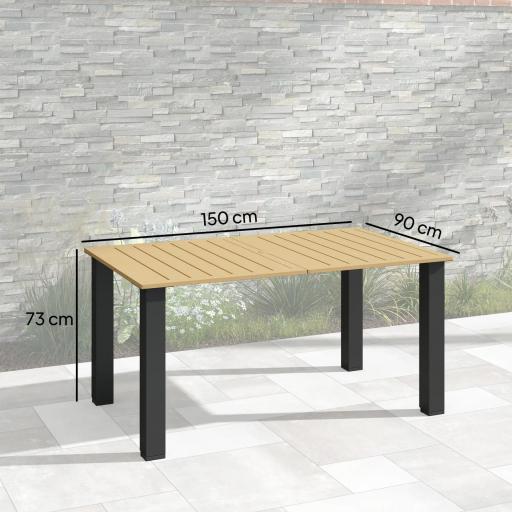 Mesa de Jardín Rectangular de Acero 150x90x73 cm para 6 Personas con Orificio para Sombrilla Diseño con Lamas Marrón [1]