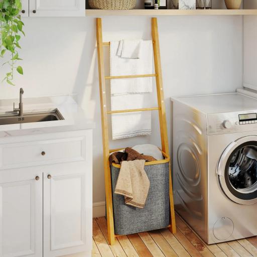 Estantería para Baño de Bambú Toallero de Pie con 3 Barras Cesto para Ropa Sucia Extraíble de 48 L Gris [9]