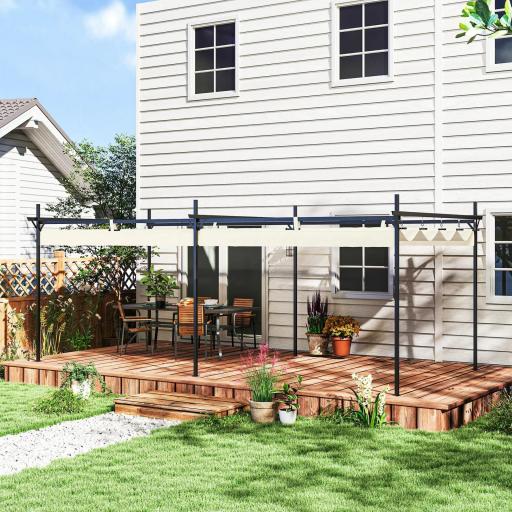 Pérgola con Techo Retráctil 6x3 m Cenador con Tela de Poliéster Anti-UV Resistente al Agua Crema