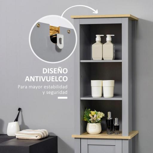 Armario Alto de Baño Moderno Mueble Columna de Baño con 1 Puerta Estante Ajustable y 3 Compartimentos 39x30x168 cm Gris [4]