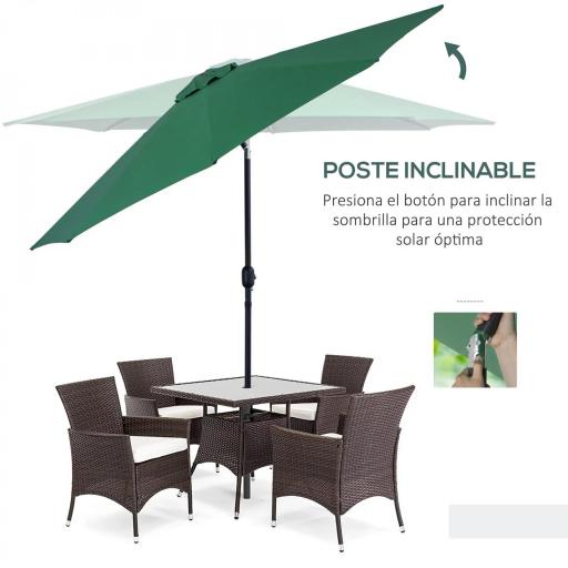 Sombrilla de Jardín Ø295x250 cm con Manivela Parasol Exterior con Mecanismo de Inclinación y Poste Desmontable de Metal para Terraza Piscina Patio Verde [5]