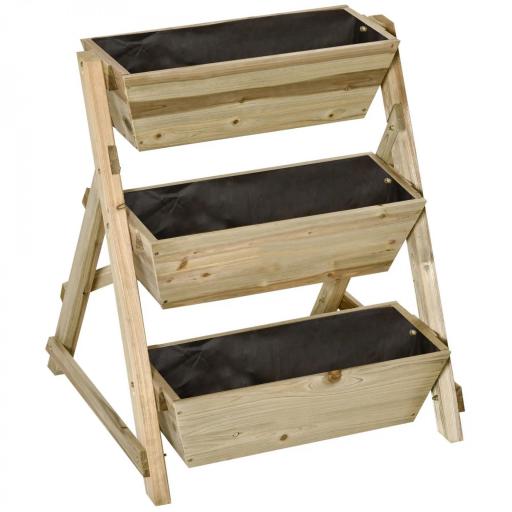 Jardinera de Escalera de 3 Niveles Maceteros de Madera Jardinera Vertical con Tela no Tejida y Orificios de Drenaje Huerto Urbano para Plantas Macetas Flores Jardín 71x61x77 cm Natural [9]