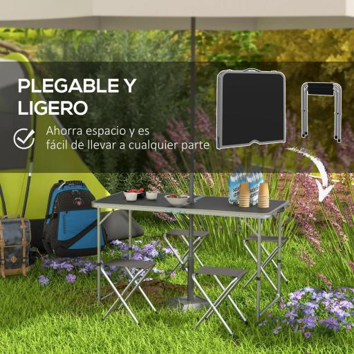 Mesa de Camping Plegable Tipo Maletín con 4 Taburetes plegables Mesa 120x60x55-70 cm y Taburetes 33x28x37 cm Negro [5]