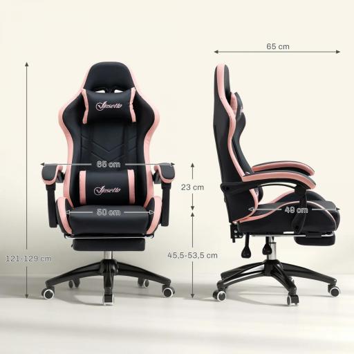Silla Gaming Silla Gamer de Cuero PU Reclinable 135° Reposacabezas y Reposapiés 65x65x121-129 cm Negro y Rosa [1]