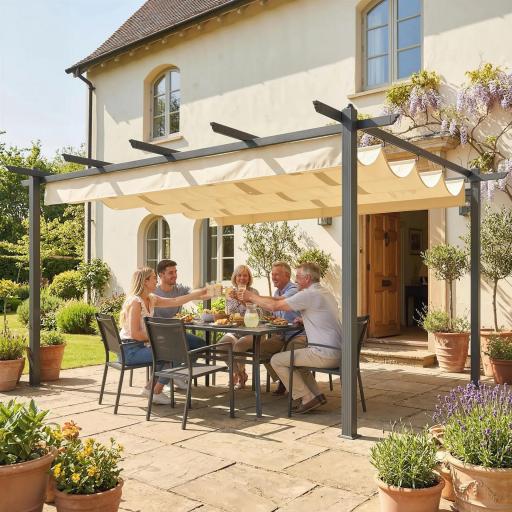 Pérgola de Jardín 4x3 m con Techo Retráctil Estructura de Aluminio UPF30+ Orificios de Drenaje Pabellón Exterior Crema [7]