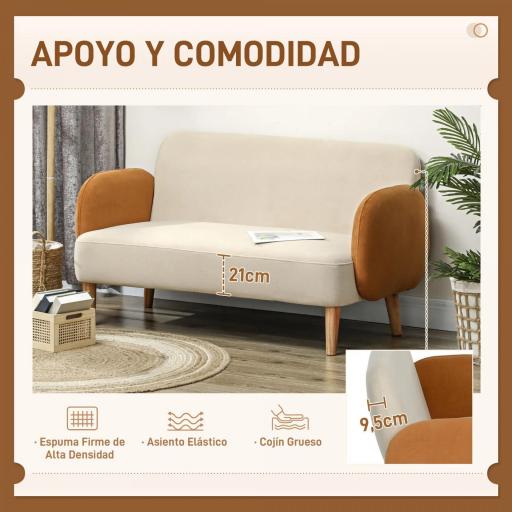 Sofá de 2 Plazas Tapizado en Terciopelo con Reposabrazos y Patas de Madera Sofá Pequeño Carga 240 kg 130x74x76 cm Crema [3]