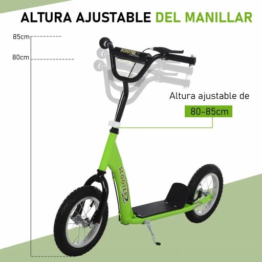 Patinete para Niños Mayores de 5 Años Scooter 2 Neumáticos Inflables de Caucho con Frenos Manillar Ajustable Pedal Antideslizante 117x52x80-85 cm Verde [4]