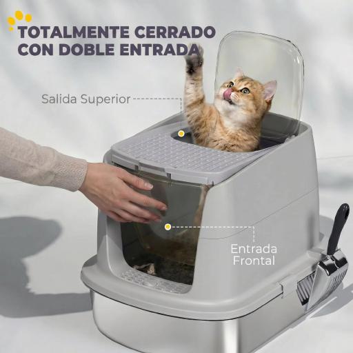 Arenero para Gatos de Acero Inoxidable L con Tapa Abatible Pala Metálica Bolsa Desodorizante Fácil Limpiar Gris Claro [4]