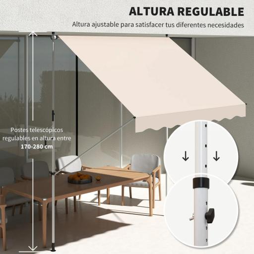 Toldo Manual Retráctil 300x150x170-280 cm con Altura Ajustable Manivela y Protección Solar para Terraza Beige [4]