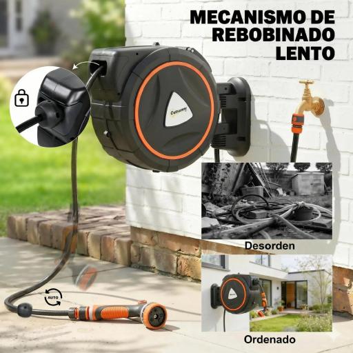 Carrete de Manguera Retráctil 28+2 m con 12 Modos de Rociado Bloqueo Automático Retracción Controlada Soporte Naranja [6]