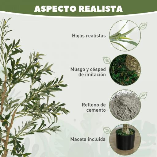Planta Artificial Decorativa de 150 cm Árbol de Olivo con 720 Hojas y 32 Aceitunas en Maceta para Interior Verde [3]