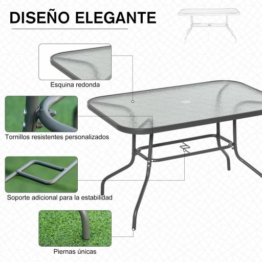 Mesa de Jardín Exterior Rectangular de Metal Bordes Curvos con Orificio para Sombrilla Capacidad 70kg Vidrio Templado 120x80x70 cm Gris Carbón [5]
