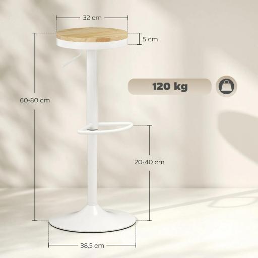 Juego de 2 Taburetes Altos de Cocina con Altura Ajustable Asiento de Madera Marco de Acero y Reposapiés Natural y Blanco [1]