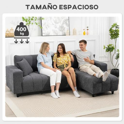 Sofá Chaise Longue Reversible de 3 Plazas 2 Almohadas Tapizado en Lino Marco de Acero 242x156x87 cm Gris Oscuro [4]