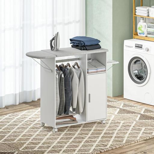 Mueble de Planchar con Ruedas Barra para Colgar Ropa Estante Abierto y Tablero Plegable 127x42,5x99 cm Blanco [7]