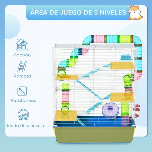 Jaula para Hámster con Túnel Plataformas Cuenco Bebedero Casita Rampas y Rueda de Ejercicio 59x36x69 cm Azul [3]