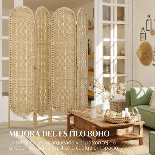 Biombo Separador de Ambientes 4 Paneles 160x170 cm con Parte Superior Arqueada Tejido a Mano Divisor Plegable Natural [4]