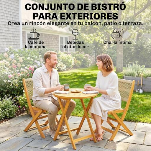 Conjunto de Jardín de 3 Piezas de Madera con 2 Sillas Plegables y Mesa Redonda para Patio Balcón Natural [3]