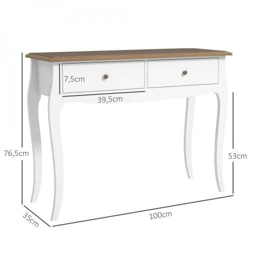 Mesa de Consola con 2 Cajones Estilo Francés para Pasillo Dormitorio Salón 100x35x76,5 cm Blanco y Marrón Oscuro [1]