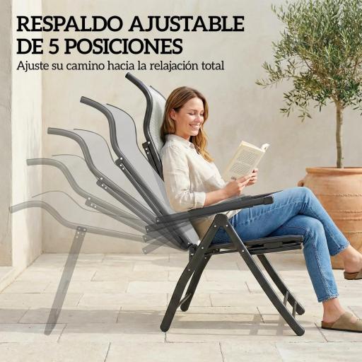Pack de 2 Sillas Plegables Reclinables de Jardín Exterior con Respaldo Alto Ajustable en 5 Posiciones Reposapiés Gris [3]