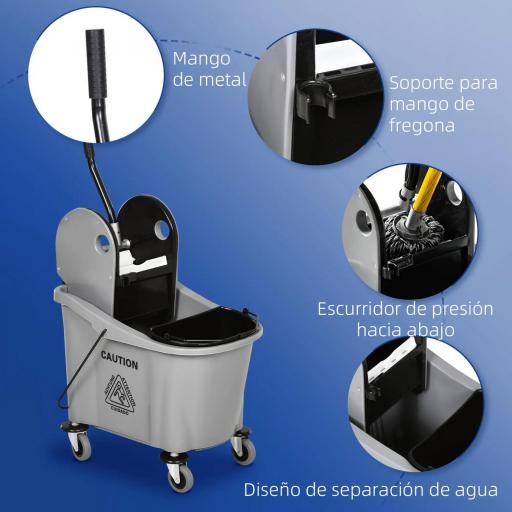 Cubo de Fregona con Ruedas 36L Carro de Limpieza con Escurridor de Presión y 2 Cubetas Separadas 54x41x91,5cm Gris [5]