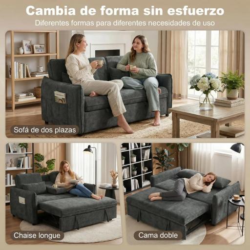 Sofá Cama 2 Plazas 3 en 1 con Mesa Auxiliar Portavasos Respaldo Ajustable Bolsillos Laterales 2 Almohadas Gris Oscuro [2]