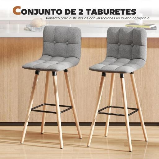 Juego de 2 Taburetes Altos de Cocina con Respaldo Reposapiés Patas de Madera Estilo Moderno Gris [2]