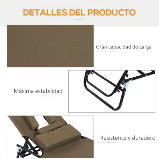 Tumbona Plegable con Respaldo Regulable 4 Posiciones con Orificio de Lectura Almohada Tela Oxford 190x56x28 cm Marrón [4]