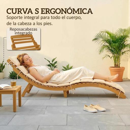 Tumbona Plegable de Madera de Acacia con Cojín Reposacabezas Asa de Transporte para Jardín Terraza 183x54x63 cm Beige [3]