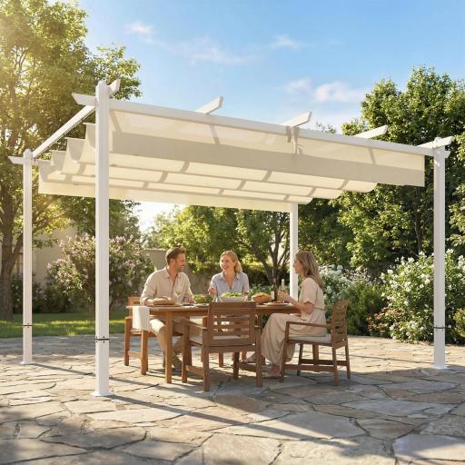 Pérgola de Jardín 4x3 m con Techo Retráctil Protección UPF30+ Drenaje Cenador de Jardín para Patio Exterior Beige [0]