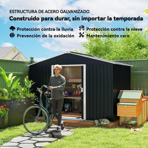 Cobertizo de Jardín 4,9 m² 277x195x192 cm con 2 Puertas Corredizas Base Refuerzo (Suelo NO Incluido) Gris Oscuro [7]