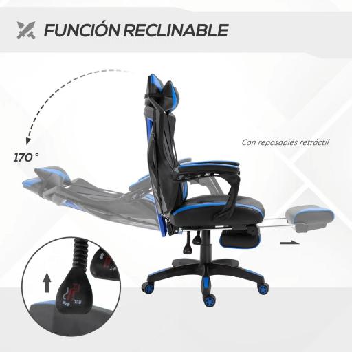 Silla Gaming Ergonómica Silla de Escritorio para Oficina con Altura Ajustable Respaldo Regulable de 170° Almohada Lumbar y Reposapiés Retráctil 65x70x117-125 cm Azul [4]
