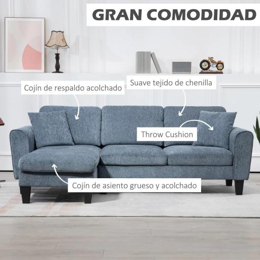 Sofá Rinconera Chaise Lounge Reversible en Forma de L con 2 Cojines Carga 200 kg 230x138x87 cm Azul Oscuro [6]