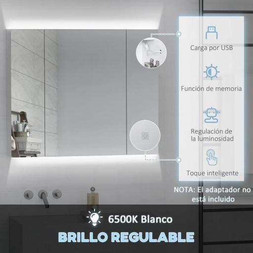Armario de Baño con Espejo Luces LED Estantes Ajustables y USB Estilo Moderno 90x15x75 cm Blanco [7]