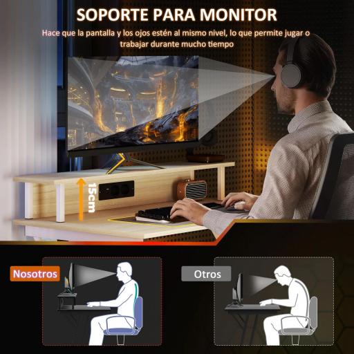 Escritorio Gaming con Luces LED 100x60 cm omas de Corriente Soporte para Monitor Estantes y Control Remoto Natural [5]