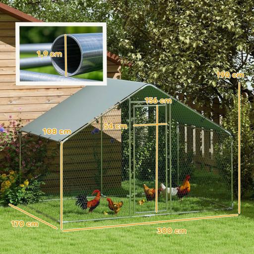 Corral para Gallinas Gallinero Metálico Grande de 3x1,7x1,9 m con Cubierta Impermeable y Anti-UV Plata [1]