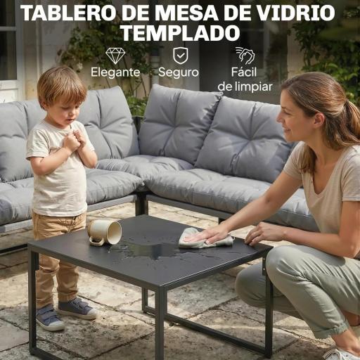 Conjunto de Jardín Exterior con Cojines Gruesos 2 Sofás de 2 Plazas Sofá de Esquina y Mesa de Centro de Vidrio Gris [4]