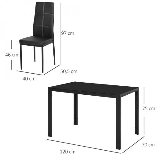 Conjunto de Comedor de Mesa y 4 Sillas 5 Piezas Mesa Rectangular de Vidrio Templado y Sillas Tapizadas en PU Negro [1]