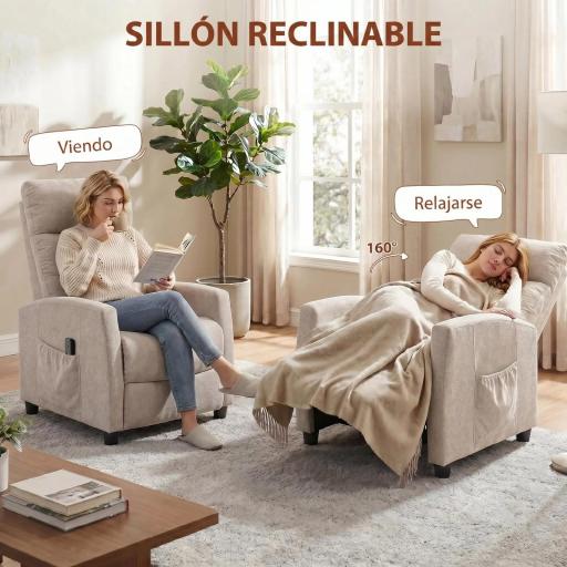 Sillón de Masaje Reclinable con Reposapiés 2 Zonas de Masaje Respaldo Alto Bolsillos Tapizado en Chenilla Crema [7]