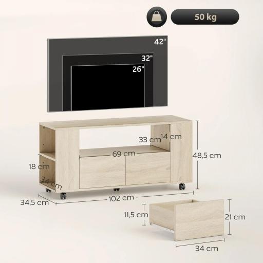 Mueble de TV con Ruedas para Televisión hasta 42 Pulgadas con 2 Cajones Estantes Ajustables Madera Natural [1]