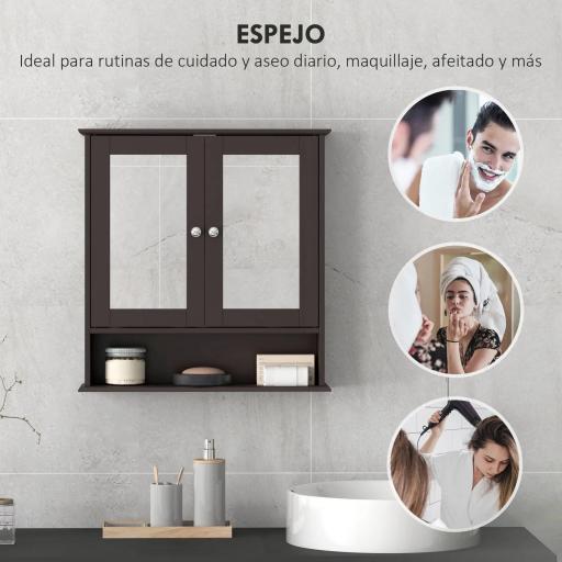 Armario de Baño con Espejo Armario de Pared con 2 Puertas Estante Abierto Estante Ajustable 56x13x58cm Marrón Oscuro [4]